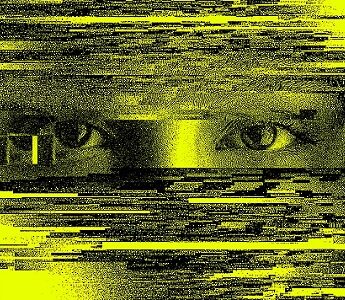 close up of a woman s eyes with the rest of her face obscured by scattered pixels
